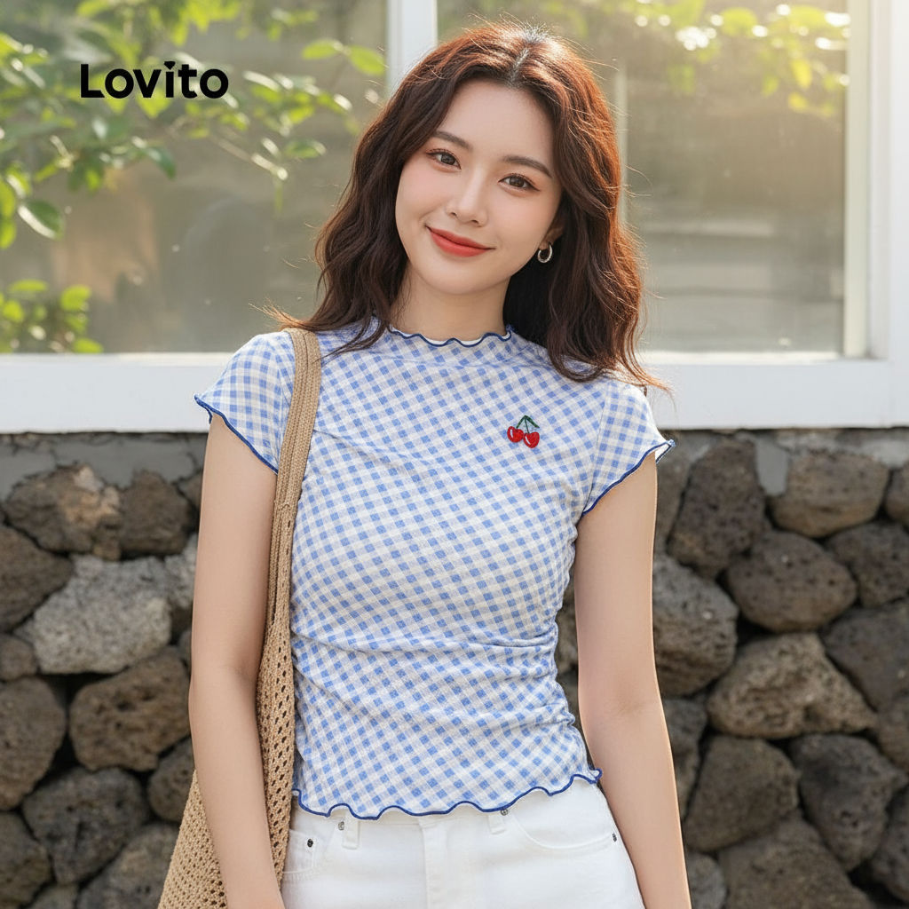 Lovito เสื้อยืดสบาย ๆ ปักลาย ซีซั่น สีน้ำเงิน สำหรับผู้หญิง L151AD476\5