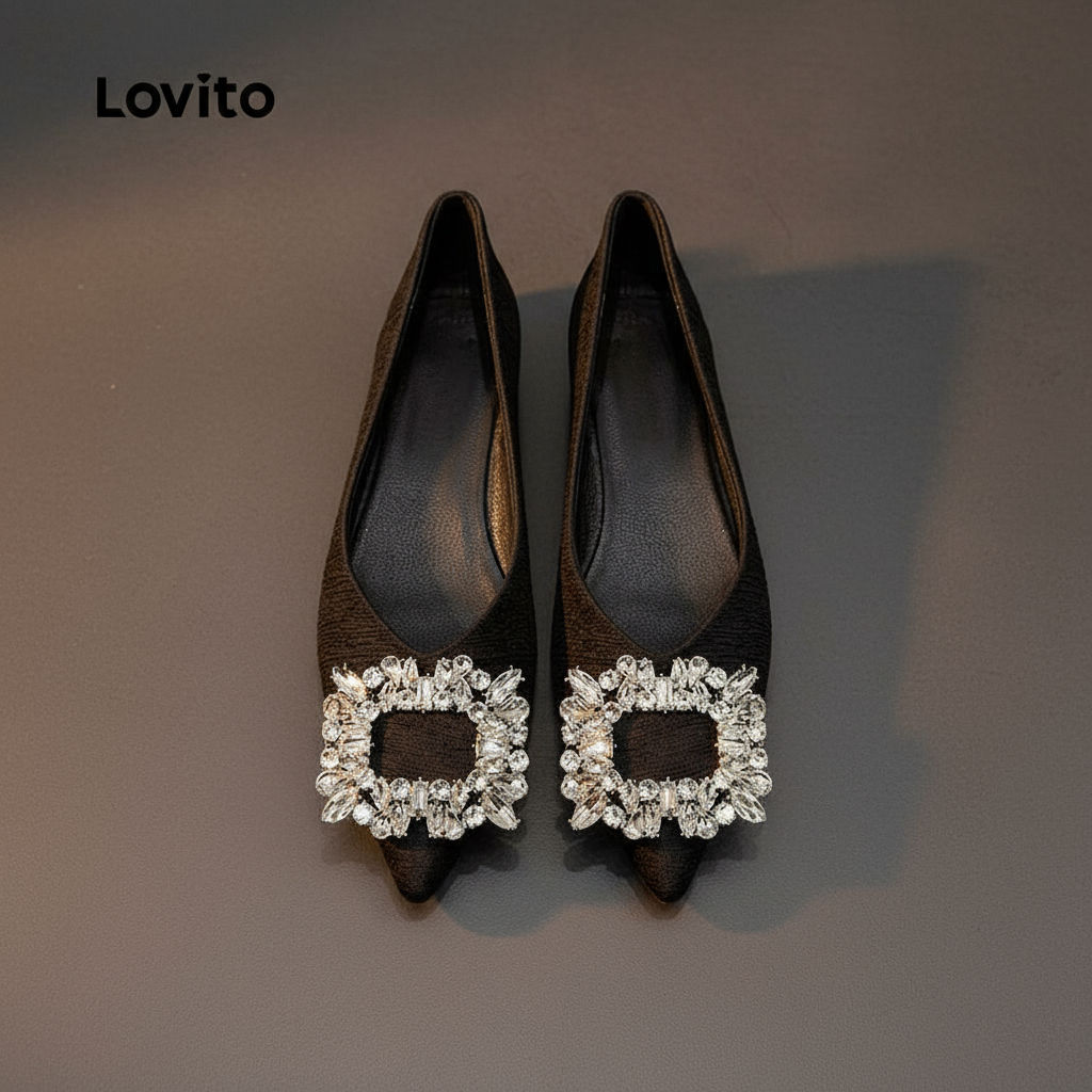 (trendy4)Lovito รองเท้าส้นเตี้ยบัลเล่ต์ลําลอง พลอยเทียม ธรรมดาอารมณ์ฝรั่งเศสชี้ด้านล่างนุ่มสบายบัลเล