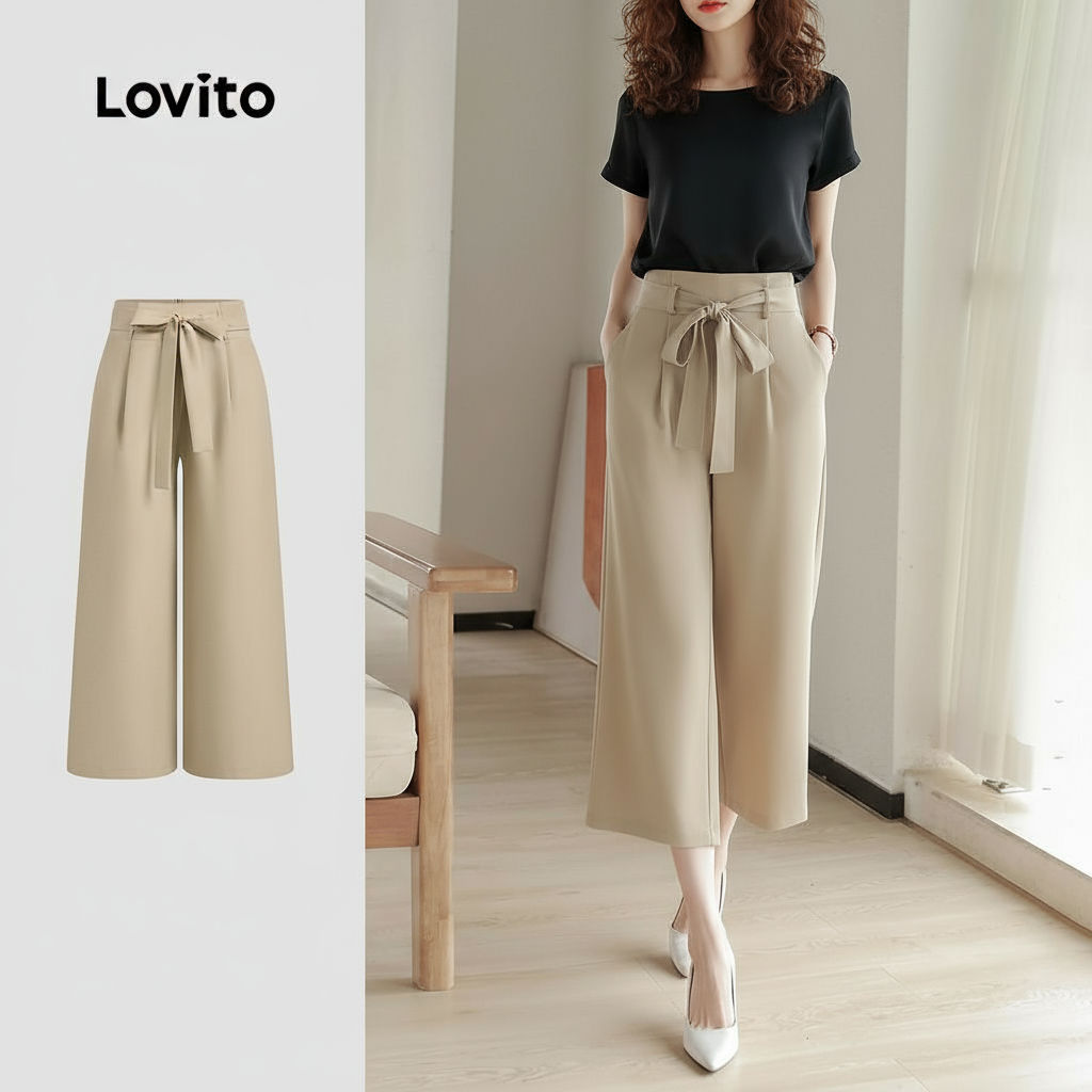 (trendy3)Lovito กางเกงลําลองลูกไม้ขึ้นจีบฤดูร้อน/ฤดูใบไม้ผลิกางเกงสีกากีอ่อนสําหรับผู้หญิง L134ED691