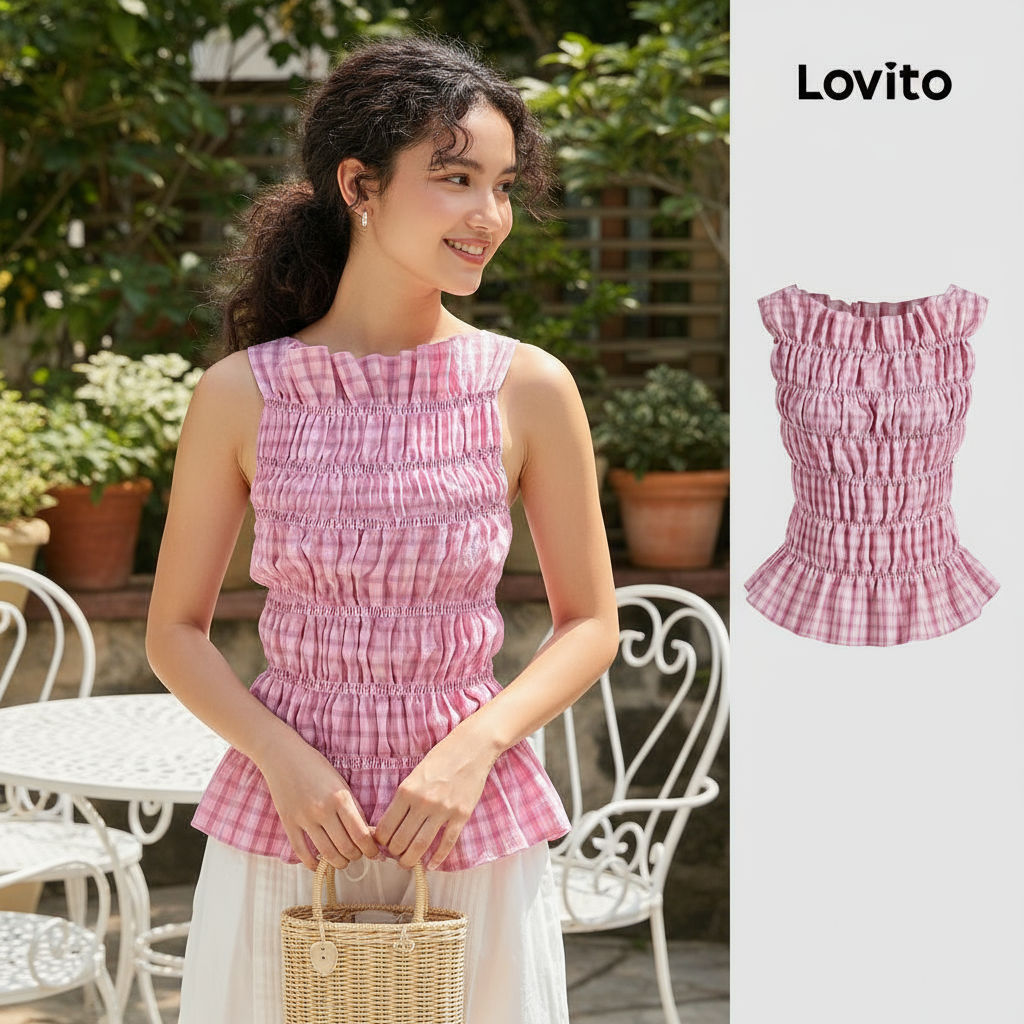 (Fashion_4) Lovito เสื้อกล้ามลายกิงแฮมน่ารักสำหรับผู้หญิงในช่วงฤดูร้อน/ฤดูใบไม้ผลิ L125AD139