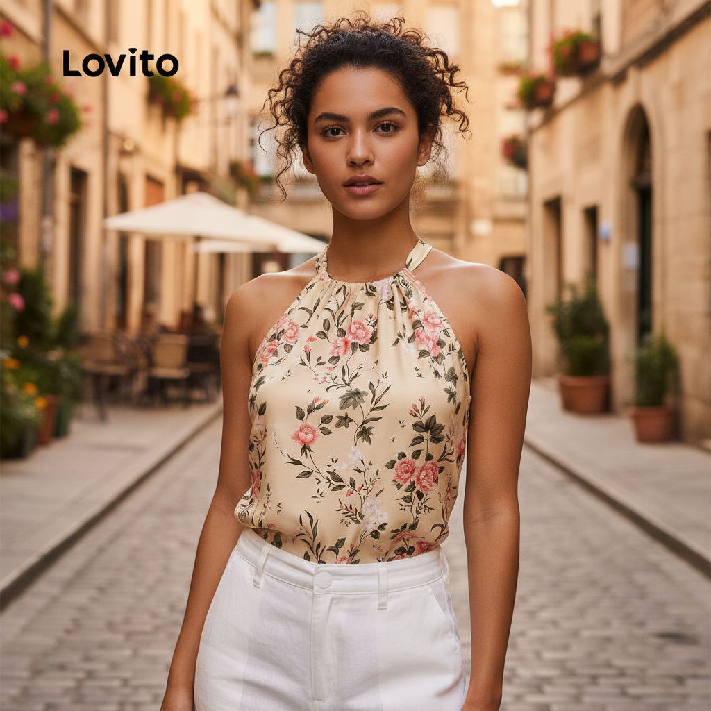 Lovito เสื้อเชิ้ตผู้หญิงสไตล์รีสอร์ทฤดูใบไม้ผลิฤดูร้อน พร้อมเชือกผูกหลังแนวโบโฮ L137ED657