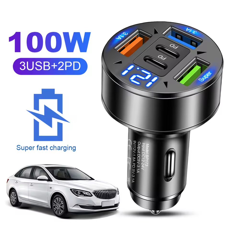 เครื่องชาร์จในรถยนต์ 5 พอร์ต Fast Charging PD QC3.0 อะแดปเตอร์ USB C