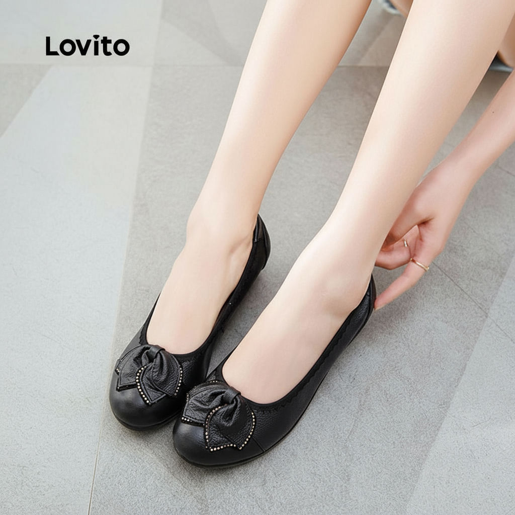 (trendy3) Lovito สง่างามธรรมดาหนังนุ่มสวมทนระบายอากาศกันน้ําแม่รองเท้าบัลเล่ต์แฟลตสําหรับผู้หญิง LFA