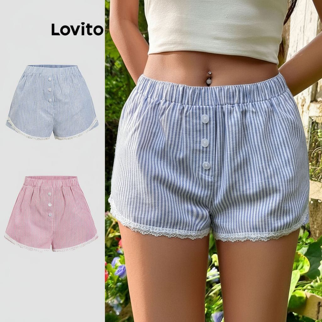 (Trendy2) Lovito กางเกงขาสั้นน่ารักลายทางลูกไม้สั้นสําหรับผู้หญิง L90AD038 (หลากสี)