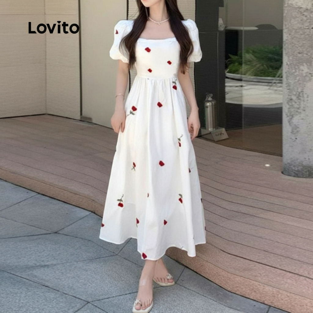 Lovito ชุดเดรสร่มรื่นดอกไม้ปลายระบายแขนเสื้อผ้าสีขาวนวลฤดูใบไม้ผลิ/ฤดูร้อน L138ED462