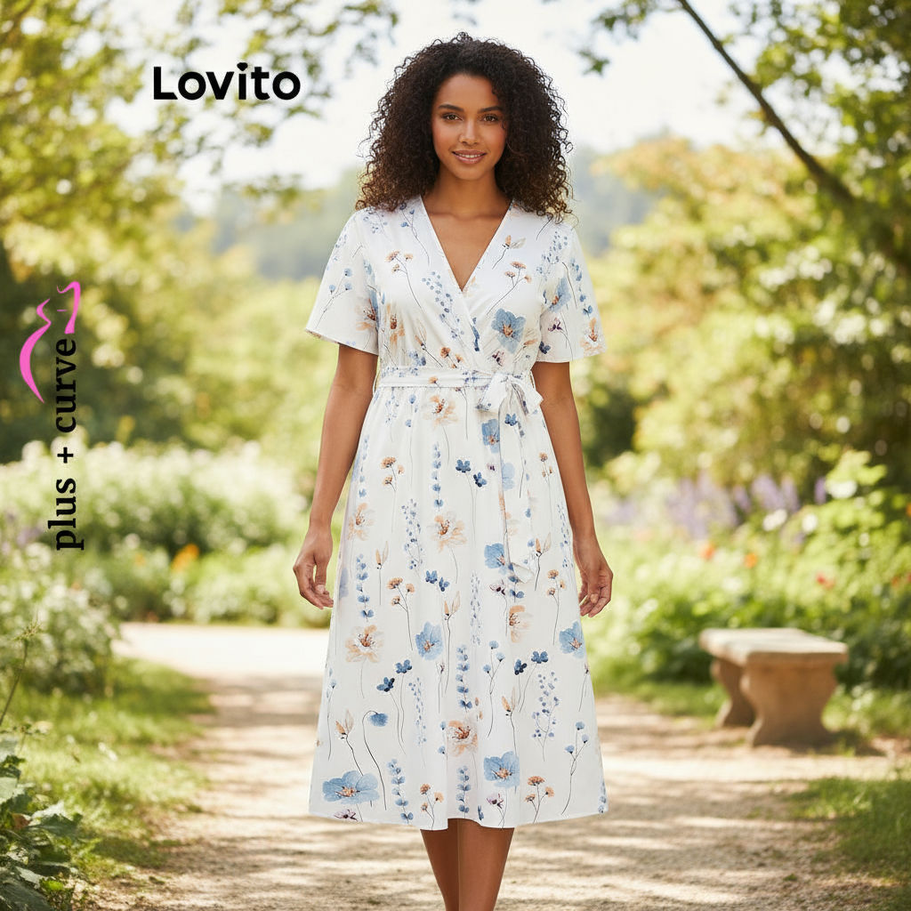 Lovito ชุดเดรสทรงโค้งไซส์ใหญ่ โบฮีเมียนชุดเดรสลายดอกไม้ผูกเชือกสําหรับผู้หญิง LBL18750