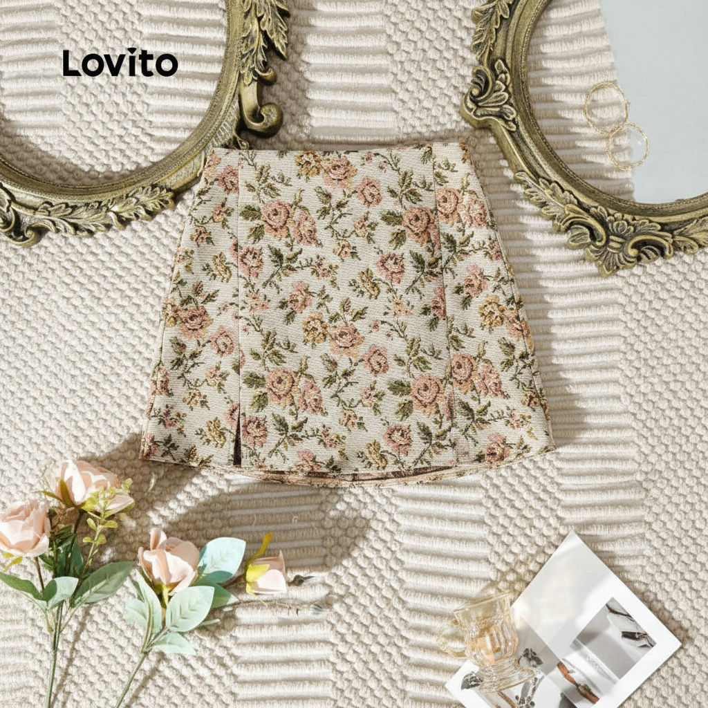 trendy6-Lovito กระโปรงผ้าแจ็คการ์ดลายดอกไม้หรูหราสําหรับผู้หญิง L124AD789