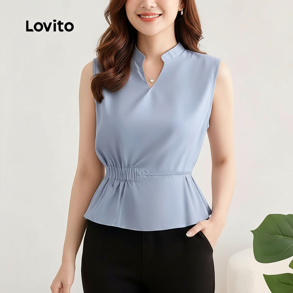 Lovito เสื้อคลุมลำลองผ้าถักคอวีสำหรับผู้หญิง สีฟ้าสำหรับฤดูใบไม้ผลิ/ฤดูร้อน L142ED657\4