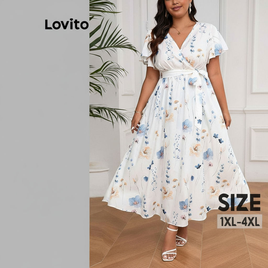 Lovito ชุดเดรสทรงโค้งไซส์ใหญ่ โบฮีเมียนชุดเดรสลายดอกไม้ผูกเชือกสําหรับผู้หญิง LBL18750