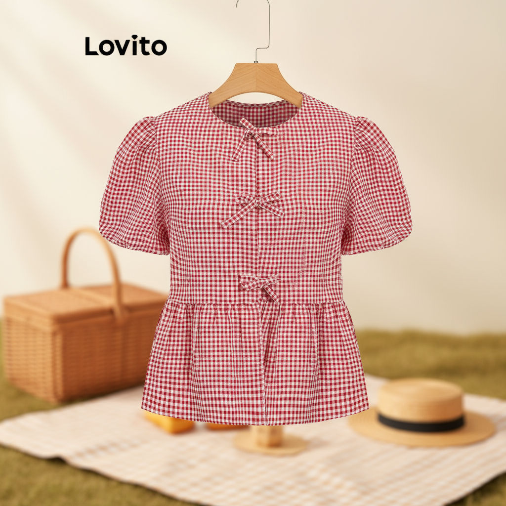 (Fashion_2) Lovito เสื้อเบลาส์น่ารัก เสื้อเบลาส์โบว์หน้าผูกโบว์สําหรับผู้หญิง L101AD087