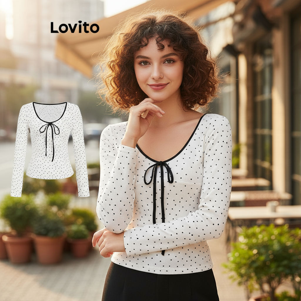 (Fashion_4) Lovito เสื้อยืดลําลอง ลายจุด โบว์ สีตัดกัน การผูกมัด ฤดูร้อน/ฤดูใบไม้ผลิเสื้อยืดสําหรับผ