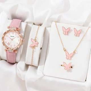 Elegant Lady Jewelry & Leather Watch พร้อมนาฬิกาข้อมือควอตซ์สําหรับผู้หญิงเหมาะสําหรับของขวัญ
