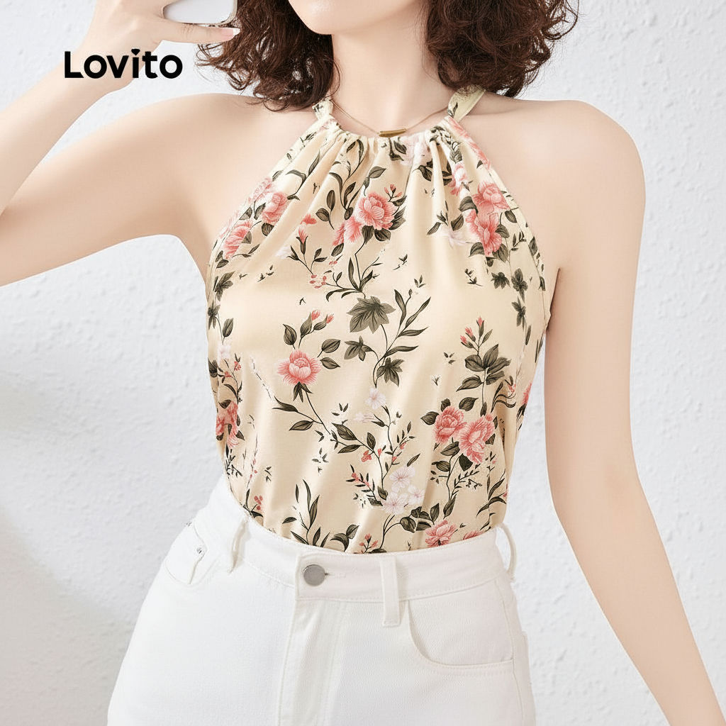(Trendy2) Lovito เสื้อบูโฮ ท็อปผูกเชือกด้านหลัง สไตล์รีสอร์ท สำหรับฤดูใบไม้ผลิ/ฤดูร้อน สำหรับผู้หญิง