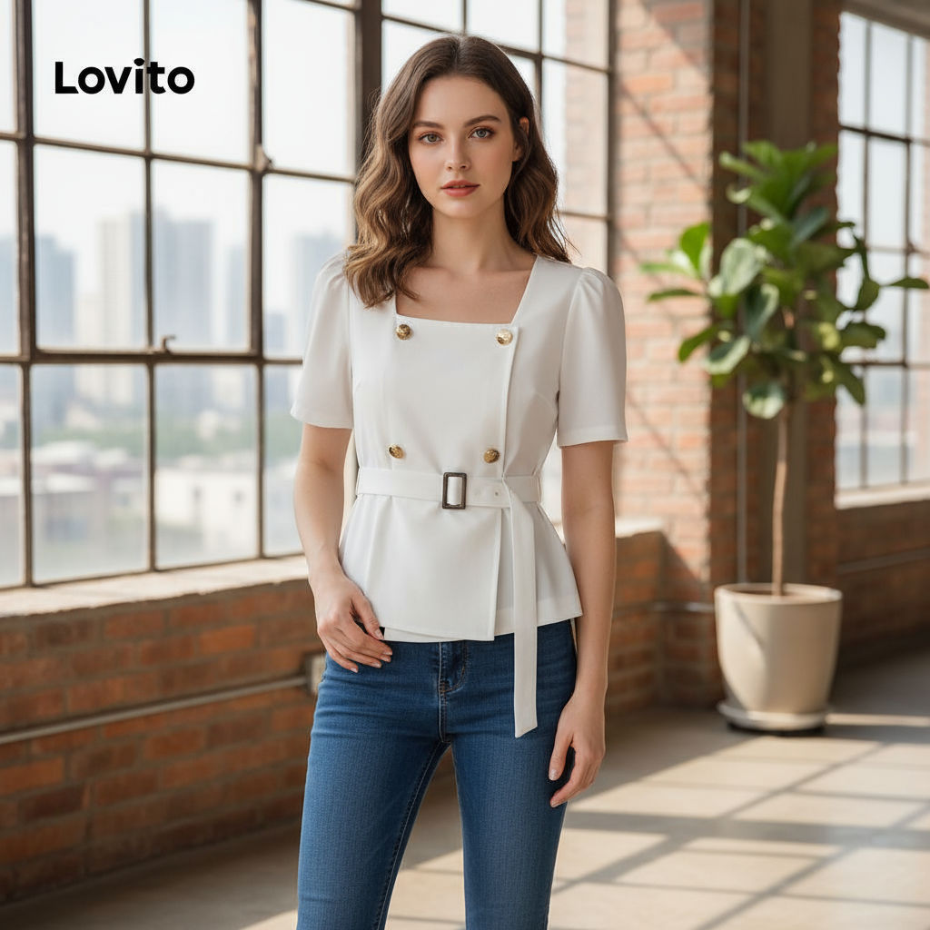 (trendy3)Lovito เสื้อเบลาส์ผู้หญิง มีกระดุมด้านหน้า มีสายผูก สีพื้น สไตล์หรูหรา L86ED424