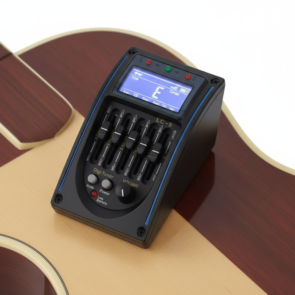 ปรีแอมป์กีตาร์โปร่ง LC-5: อีควอไลเซอร์ 5 แบนด์, ปิ๊กอัพเพียโซ, จูนเนอร์ในตัว