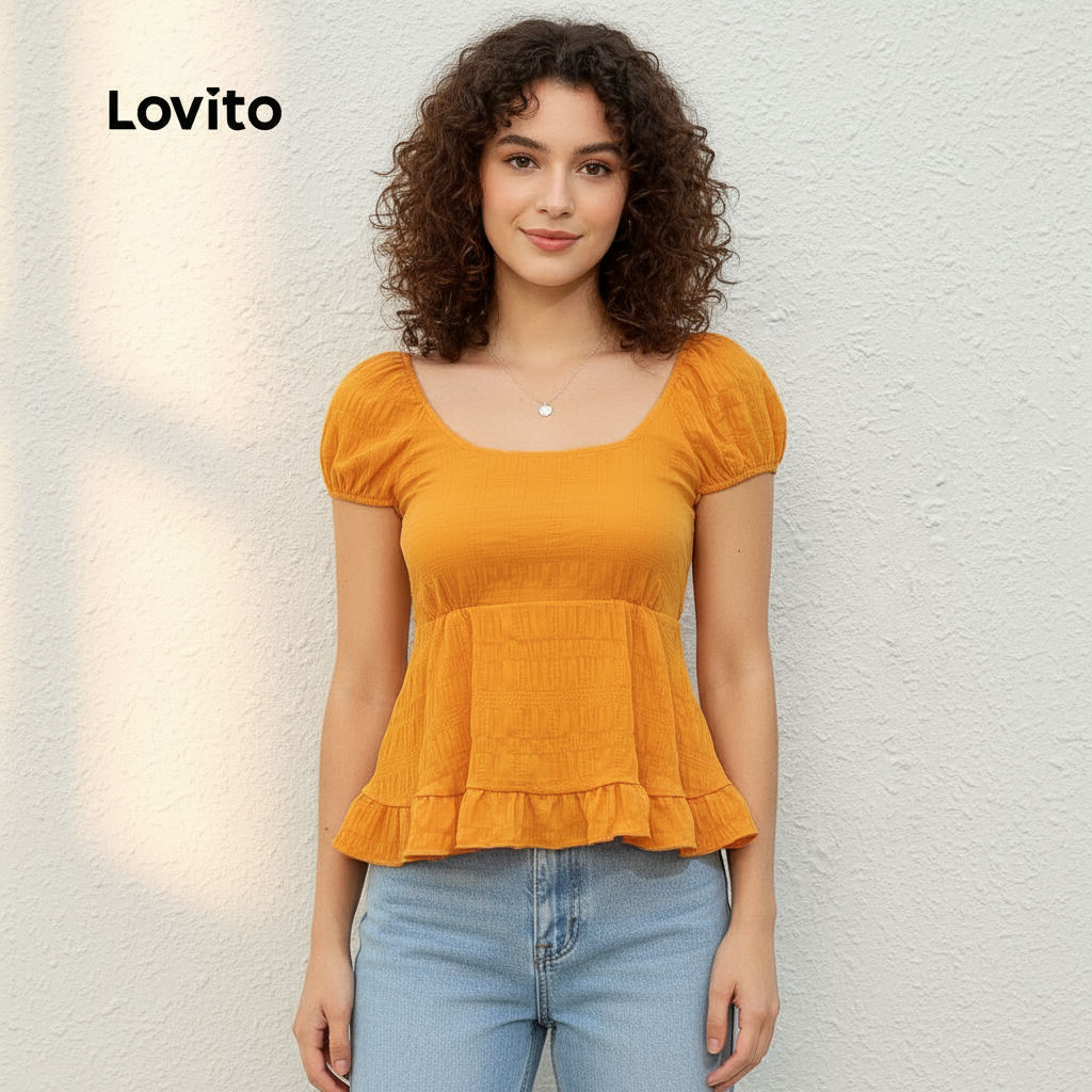 (trendy5)Lovito เสื้อเบลาส์สไตล์โบโฮชายระบายเรียบสำหรับฤดูร้อน/ฤดูใบไม้ผลิสำหรับผู้หญิง L132ED655