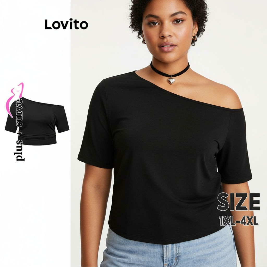 (trendy2)Lovito เสื้อยืดสาวอวบ เปิดไหล่ สีพื้น สไตล์หรูหรา LBL16532