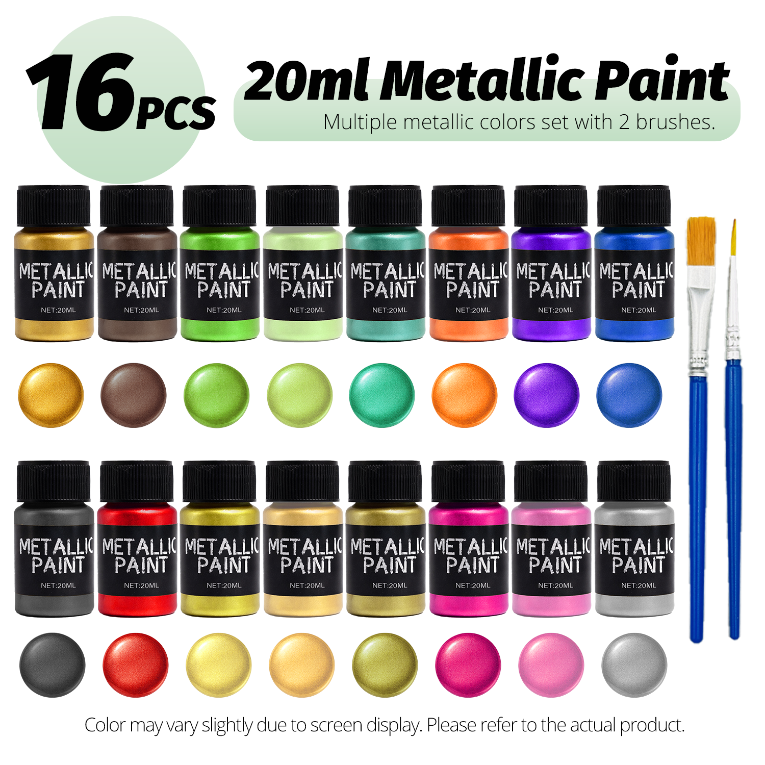 AGR 16 สี Metallic Craft Paint ชุด 20ml พร้อมแปรงสําหรับผ้าใบ Wood Rock DIY, พวงกุญแจแหวน, เครื่องมื