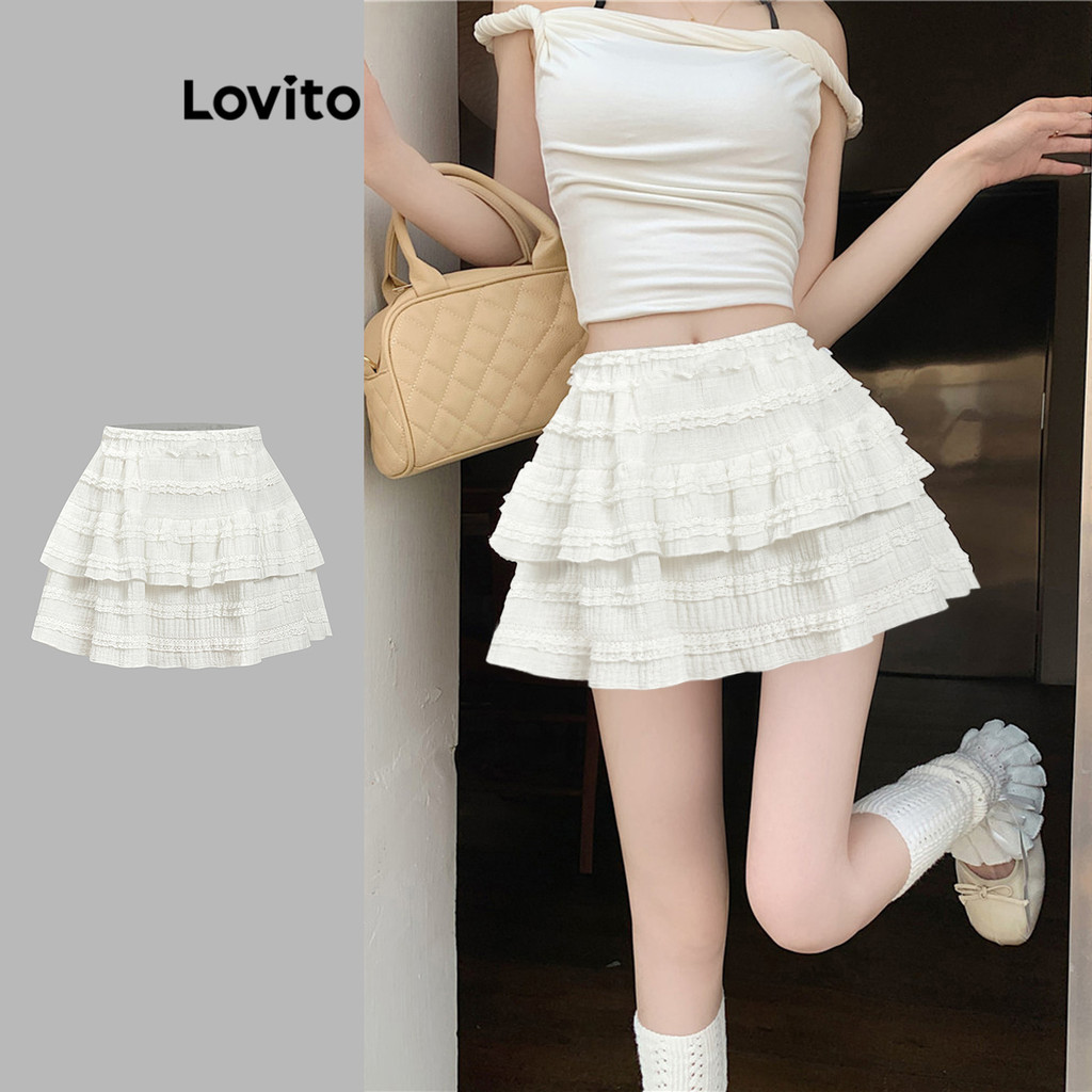 (Fashion_3) Lovito กระโปรงลําลองกระโปรงชายระบายธรรมดาสําหรับผู้หญิง L88AD161