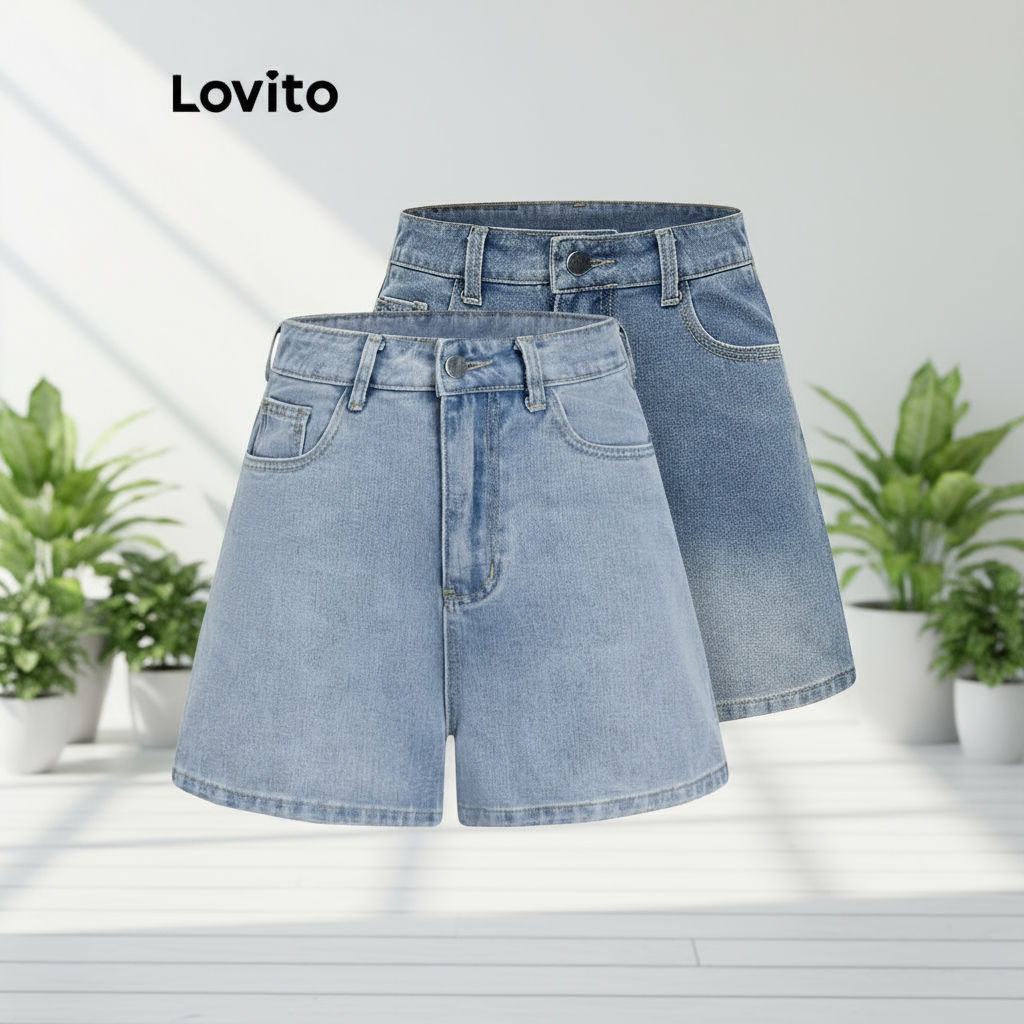 trendy4-Lovito กางเกงขาสั้นเดนิมลําลอง กางเกงขาสั้นผ้าเดนิมปุ่มธรรมดาสําหรับผู้หญิง L82AD168 (หลากสี