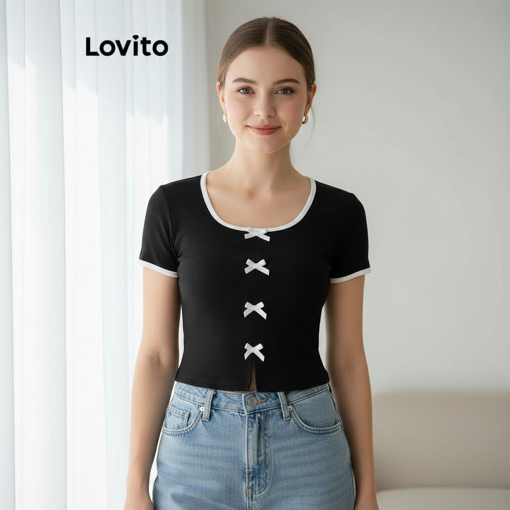 Lovito เสื้อยืดผูกโบว์สีพื้นลำลองสำหรับผู้หญิง L112ED657