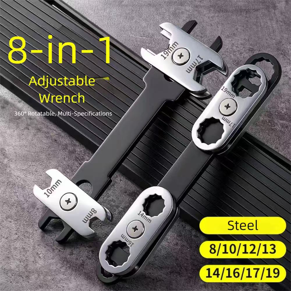 ประแจอเนกประสงค์แบบปรับได้ 8-in-1 เหล็กคาร์บอน ออกแบบตามหลักสรีรศาสตร์ หมุนได้ สําหรับซ่อมจักรยานและรถยนต์