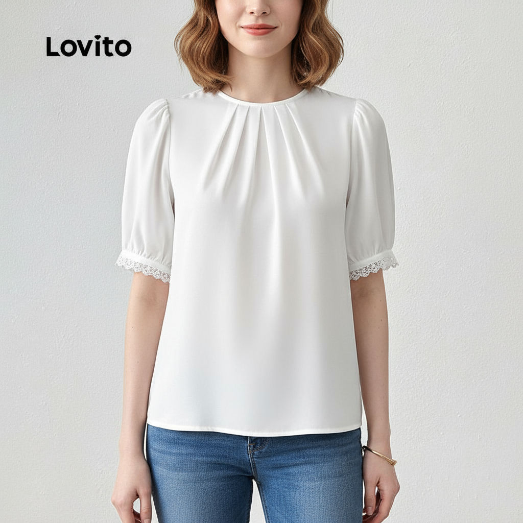 (trendy3) Lovito เสื้อเบลาส์สีขาวฤดูใบไม้ผลิฤดูร้อนจีบลูกไม้ธรรมดาลําลองสําหรับผู้หญิง L134ED441
