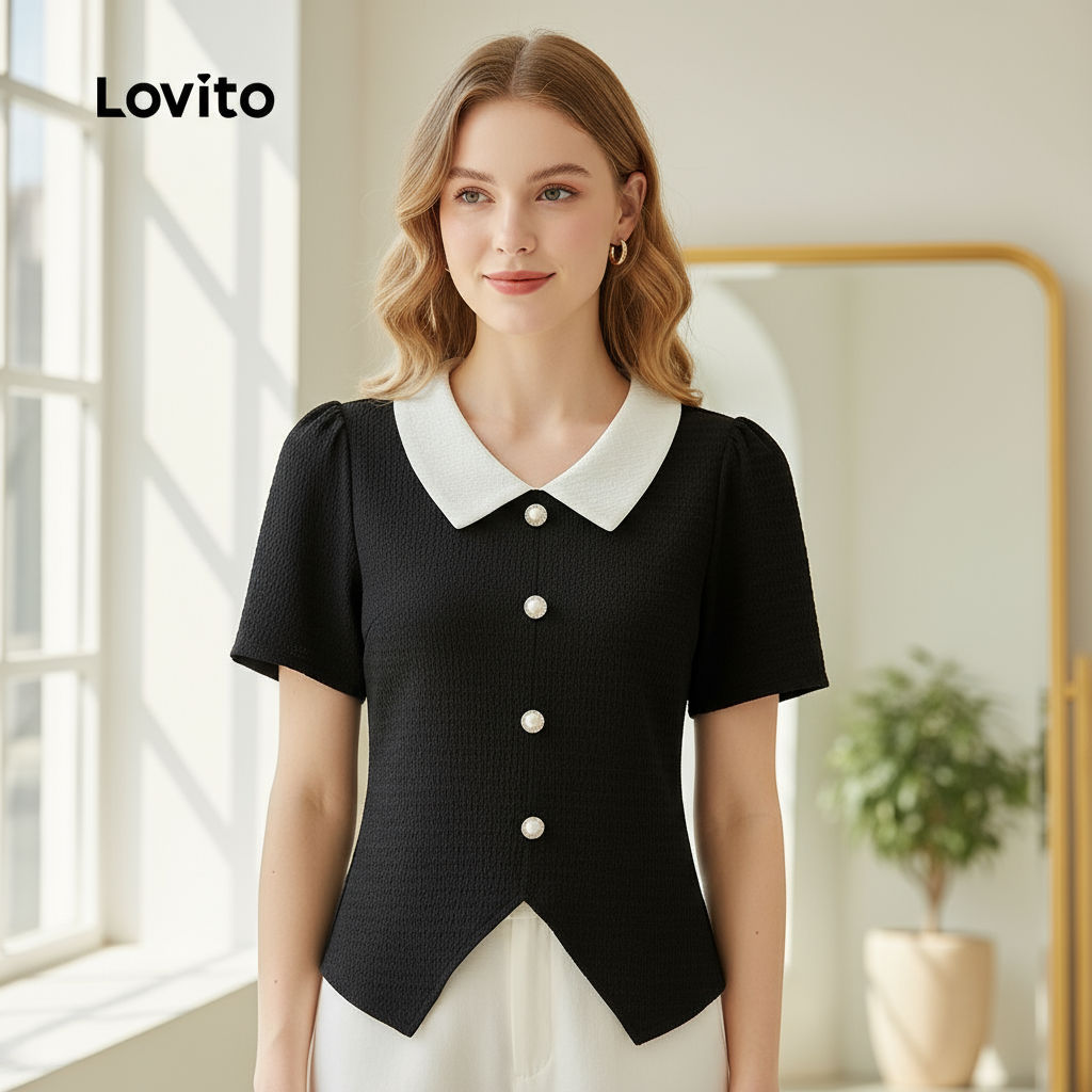 (trendy2)Lovito สง่างามผ้าปะติดแยกด้านหน้า สีบล็อกผ้าเย็บเสื้อสําหรับผู้หญิง L132ED445