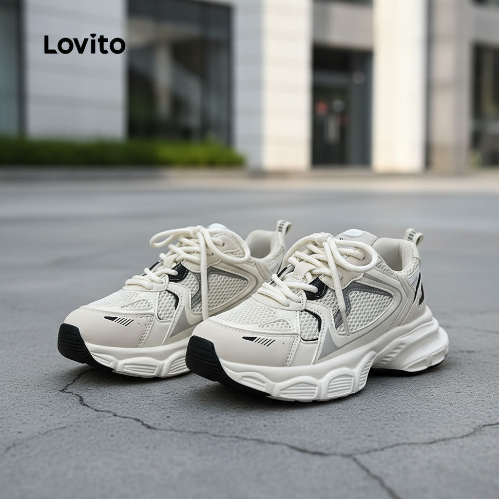 (trendy2)Lovito รองเท้าผ้าใบผู้หญิง เพิ่มความสูง ระบายอากาศ สีเรียบ สไตล์ลำลอง LFA40382
