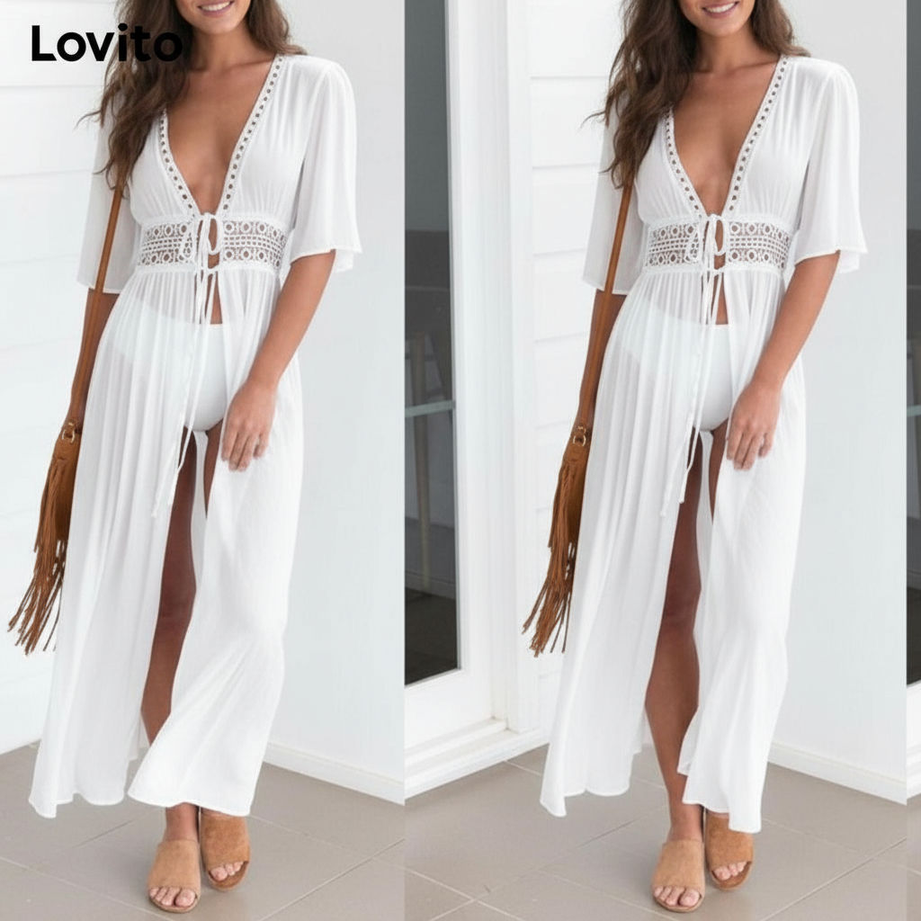 (Trendy2) Lovito เสื้อคลุมกิโมโนผู้หญิง ผ้าเย็บต่อ สีพื้น สไตล์ลำลอง LNE60448