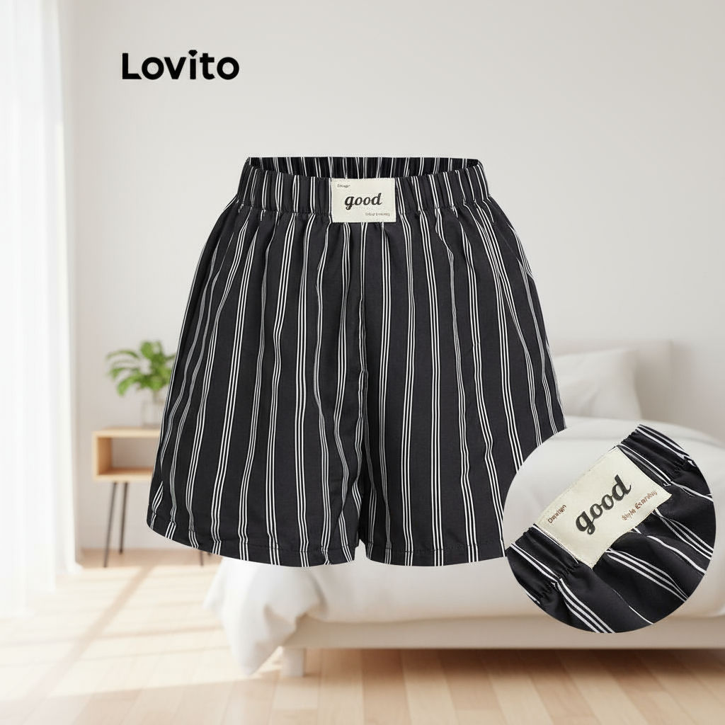 (trendy3)Lovito กางเกงขาสั้นลายทางสีบล็อกลำลองสำหรับผู้หญิง L112ED507