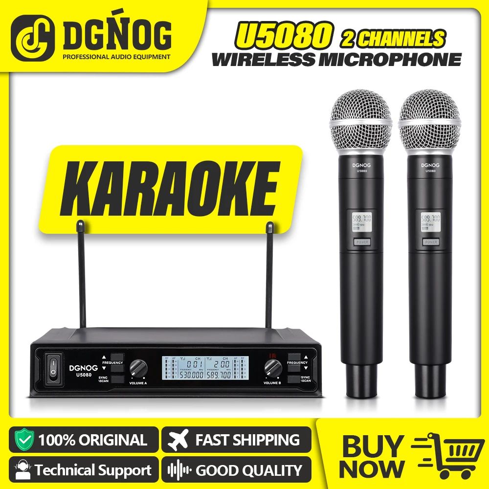 U5080 ไมโครโฟนแบบไร้สาย UHF 2 ช่อง สำหรับคาราโอเกะ ระบบไมโครโฟนสองมืออาชีพ สำหรับงานปาร์ตี้ที่บ้านแล