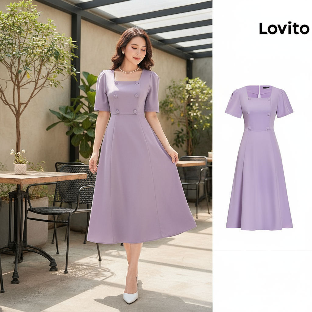 (trendy3)Lovito เดรสผู้หญิง มีกระดุม สีพื้น สไตล์หรูหรา L100MD425