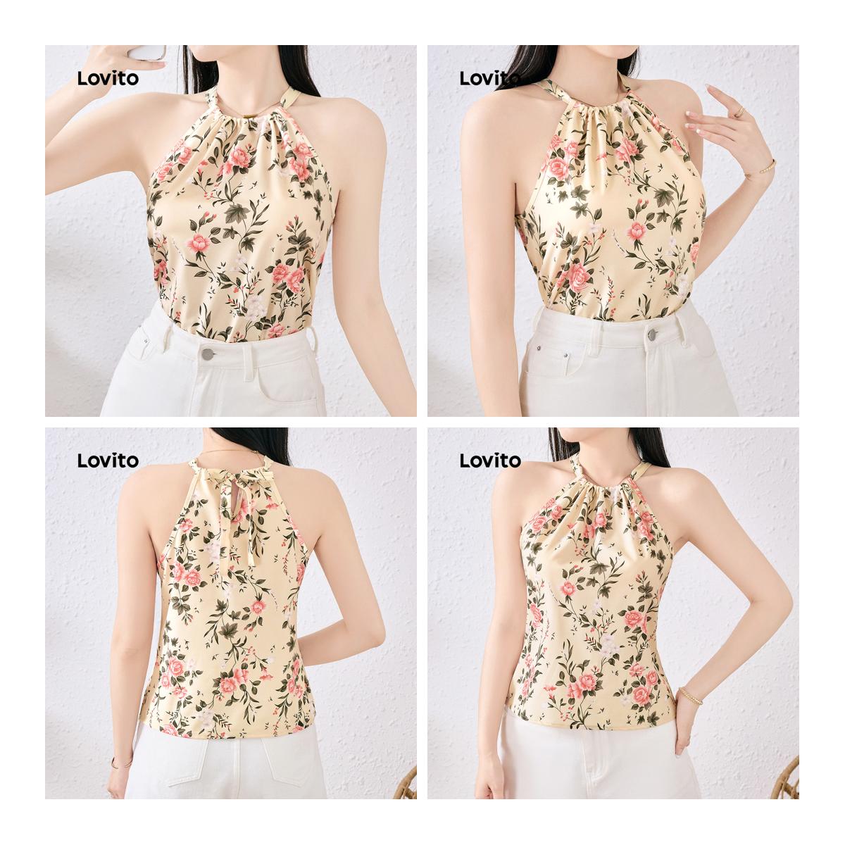 (Fashion1) Lovito เสื้อบูโฮ ท็อปผูกเชือกด้านหลัง สไตล์รีสอร์ท สำหรับฤดูใบไม้ผลิ/ฤดูร้อน สำหรับผู้หญิ