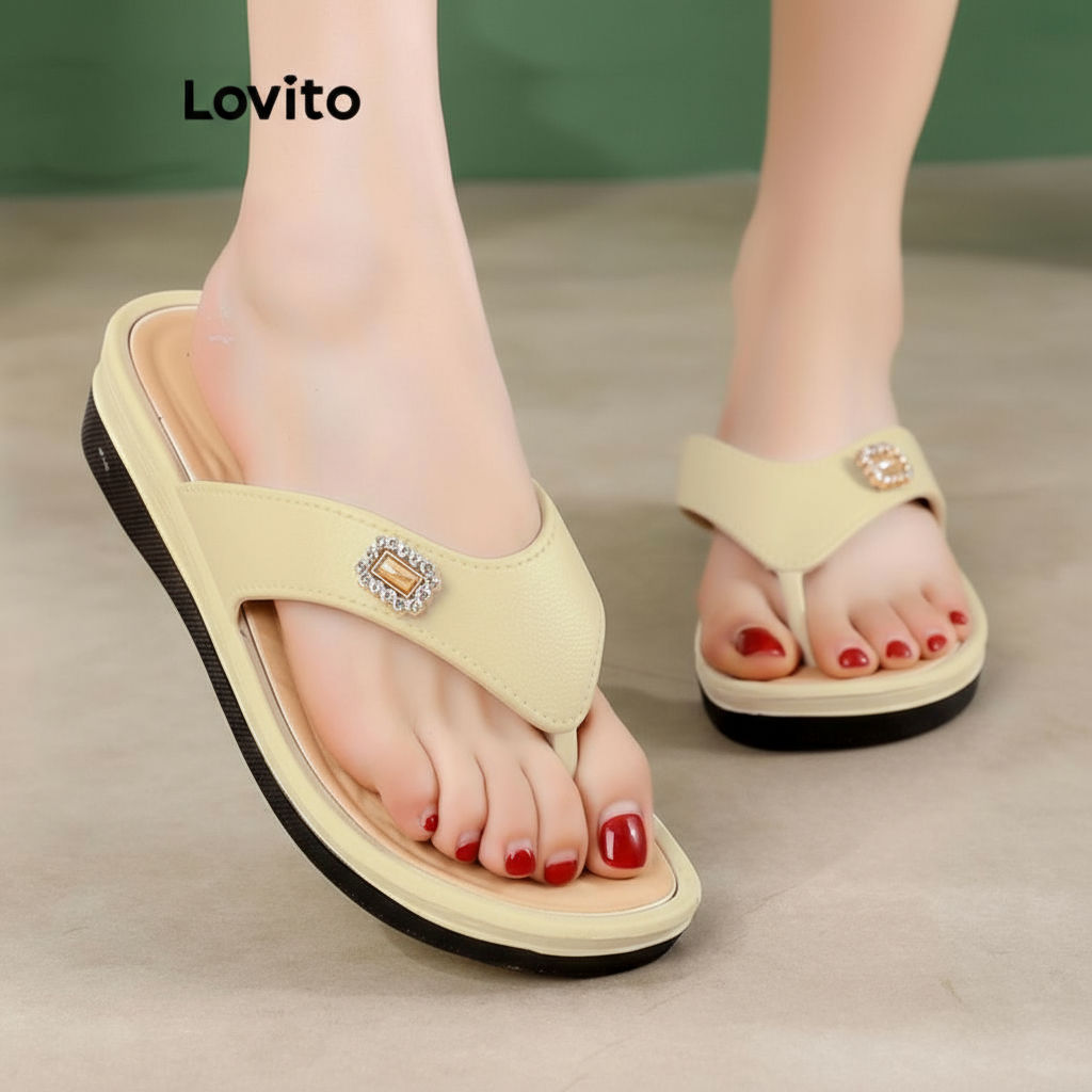 (trendy5)Lovito ลำลองสีพื้นไข่มุกไรน์สโตนพื้นหนานุ่มนิ่มด้านล่างWear Outside รองเท้าแตะส้นแบนfor Wom