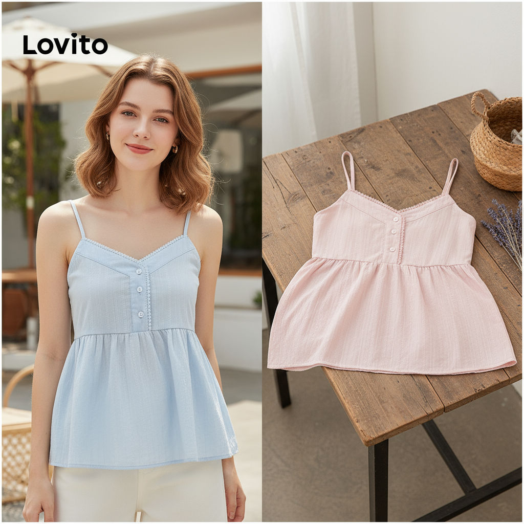 (Fashion_2) Lovito เสื้อกล้ามน่ารัก เสื้อกล้ามกระดุมคอระบายธรรมดาสําหรับผู้หญิง L79AD025 (หลากสี)