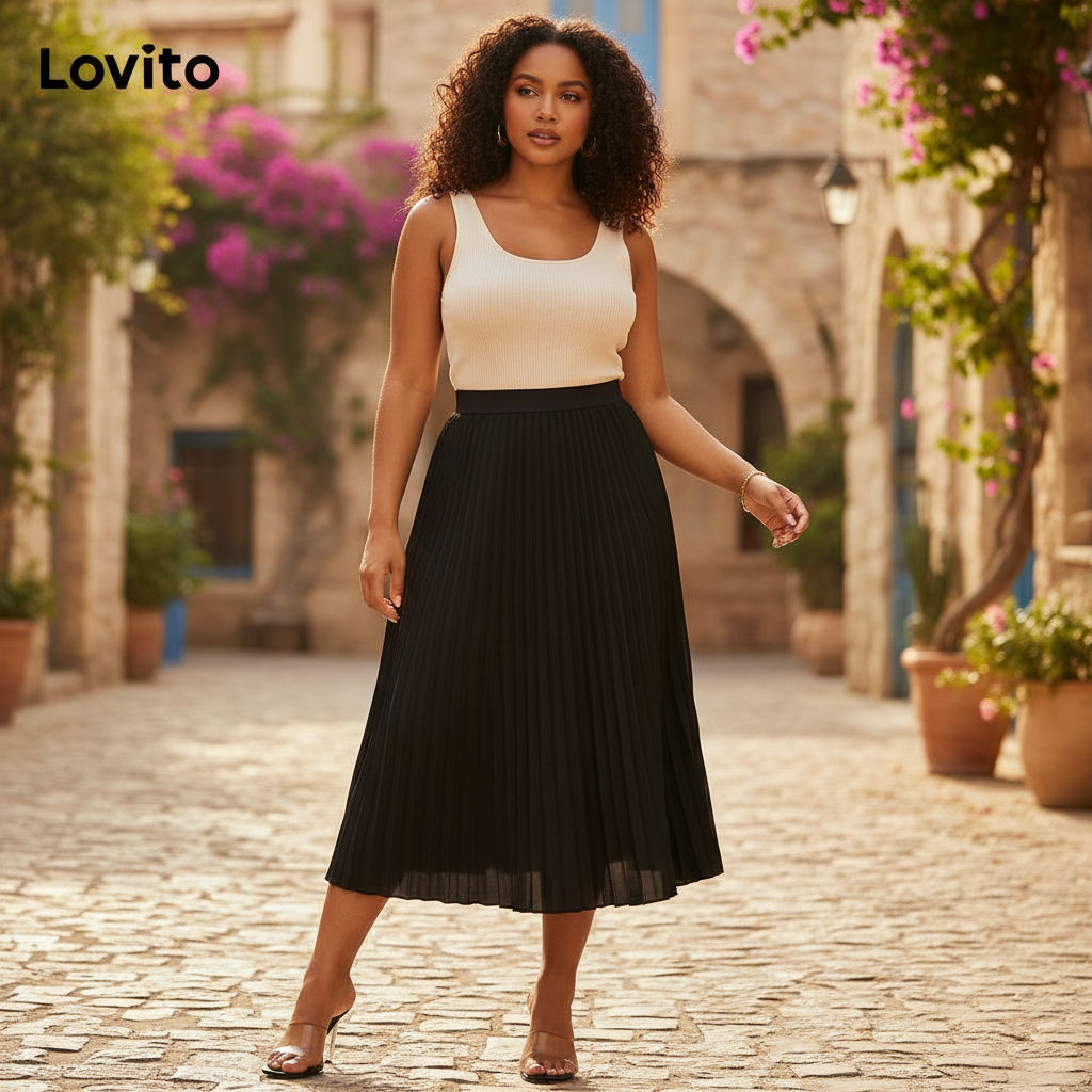 (trendy2)Lovito กระโปรงสาวอวบ แต่งจีบ สีพื้น สไตล์หรูหรา LBL16158