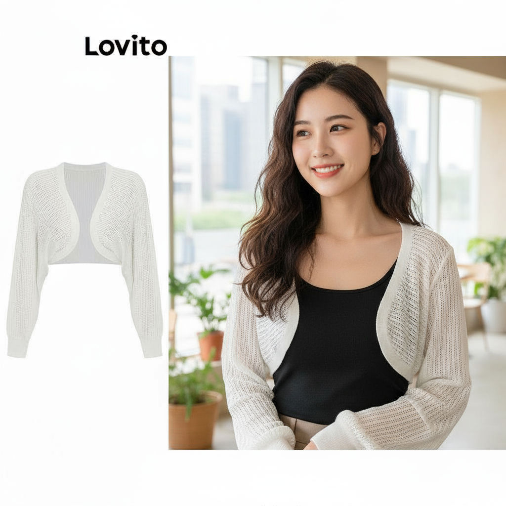 (trendy2)Lovito เสื้อคาร์ดิแกนลําลองเสื้อคาร์ดิแกนสีพื้นสําหรับผู้หญิง L64AD102 (ขาว/ดํา)