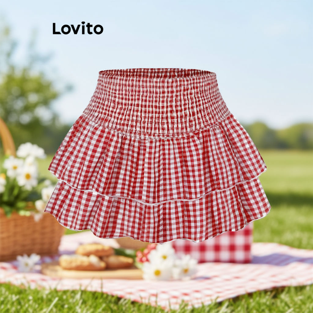 trendy2-Lovito กระโปรงน่ารัก กระโปรงหัวเข็มขัดจานลายตารางสําหรับผู้หญิง L110AD476