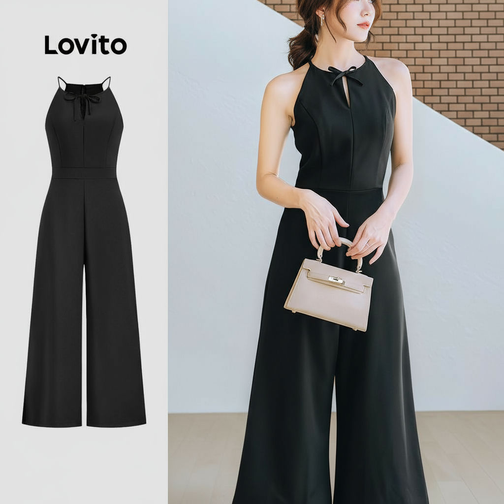 (trendy6)Lovito ชุดจั๊มสูทผูกเชือกสีพื้นหรูหราสําหรับผู้หญิง L123ED084