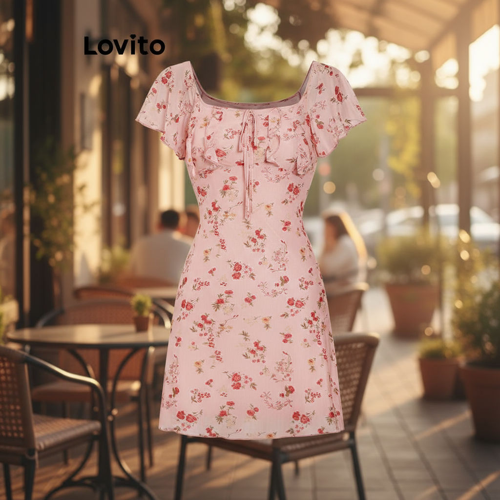 (trendy4)Lovito ชุดเดรสผู้หญิง แบบขอบหยัก ลายดอกไม้ สไตล์ลำลอง L101AD140