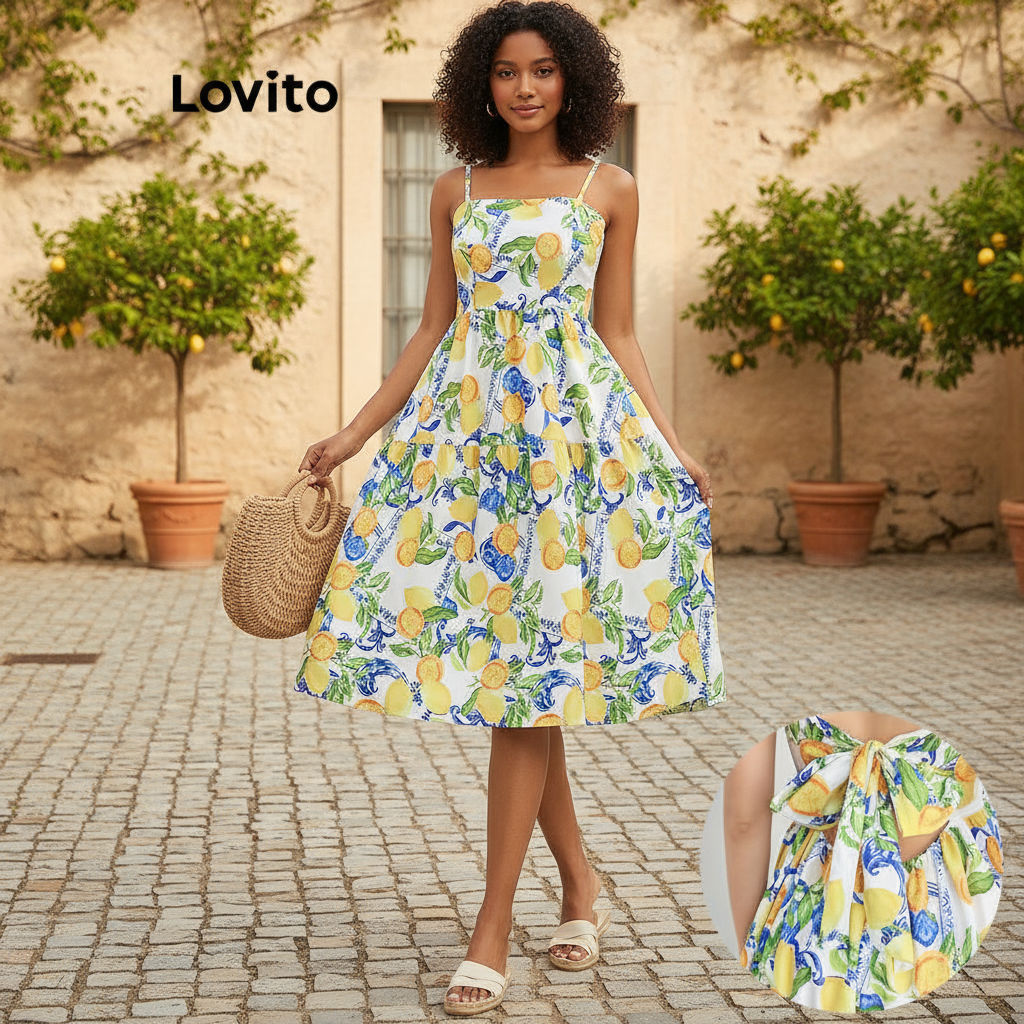 Lovito เดรสผูกเชือกลายผลไม้และผักสไตล์โบฮีเมียน สําหรับผู้หญิง รุ่น L112ED625