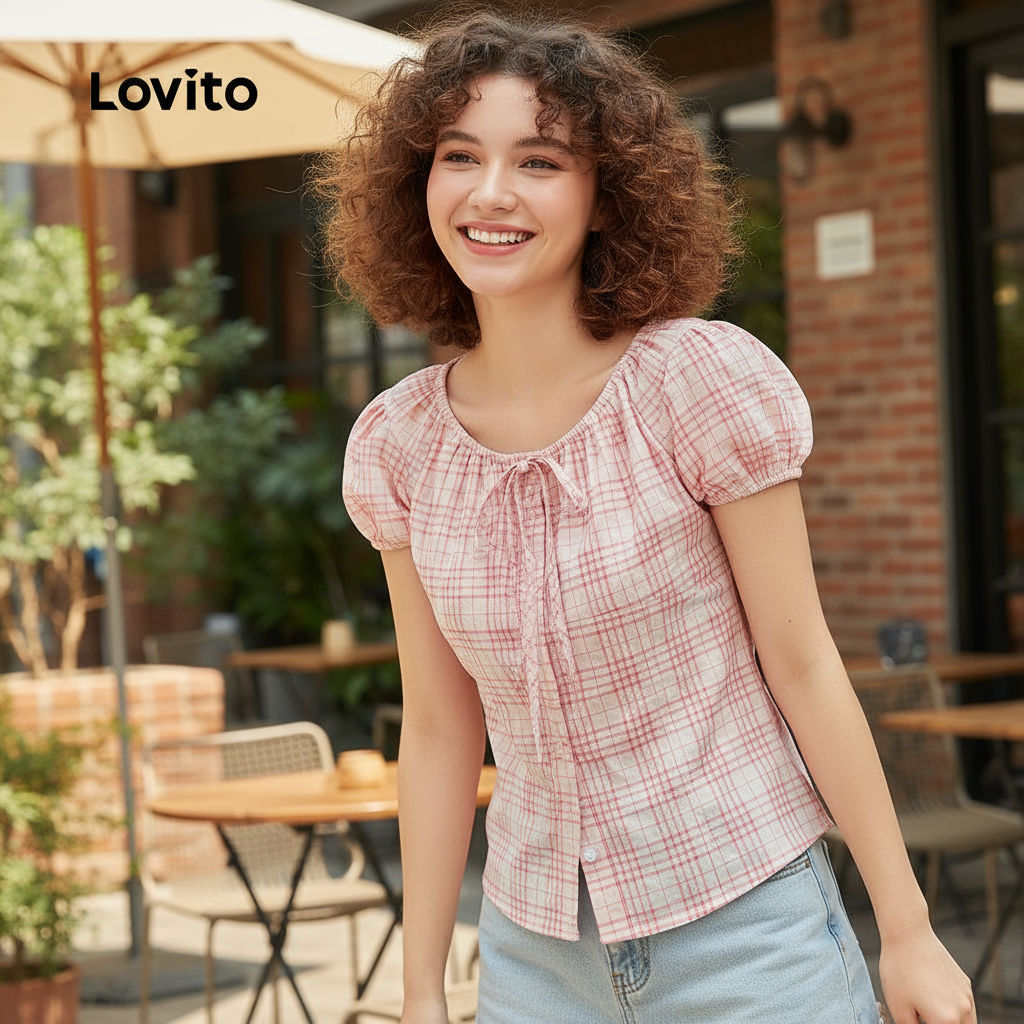 (trendy6)Lovito ฤดูร้อนสบายๆ/ฤดูใบไม้ผลิเสื้อลายลูกไม้ขึ้นเสื้อจีบสําหรับผู้หญิง L130AD146