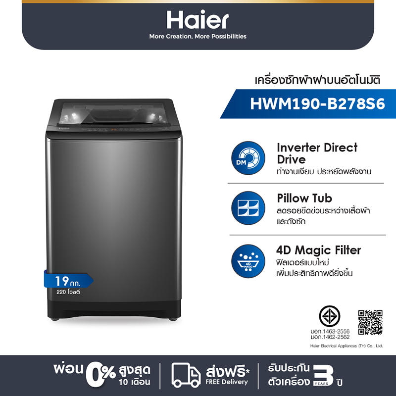 [ใหม่! 2025] Haier เครื่องซักผ้าฝาบนอัตโนมัติ ขนาด 19 kg รุ่น HWM190-B278S6 Direct Drive Inverter Mo
