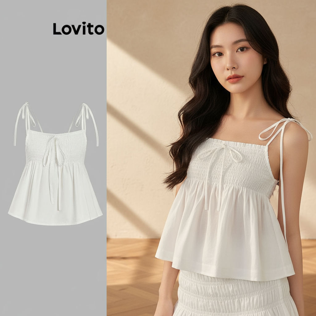 (Trendy2) Lovito เสื้อกล้ามลําลองเสื้อกล้ามสม็อคสีพื้นสําหรับผู้หญิง L99ED323