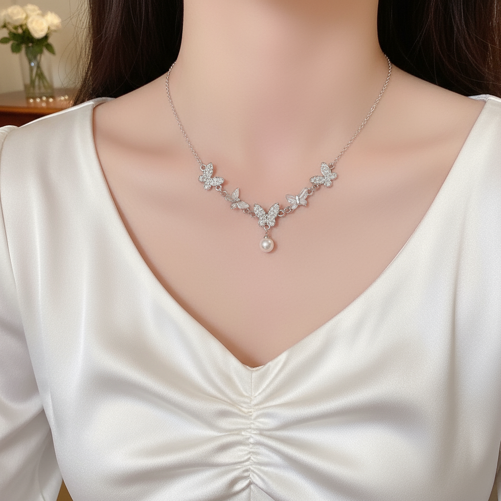 สร้อยคอผีเสื้อประดับไข่มุกสําหรับผู้หญิง VMI Kols สไตล์แฟชั่น TDD 334