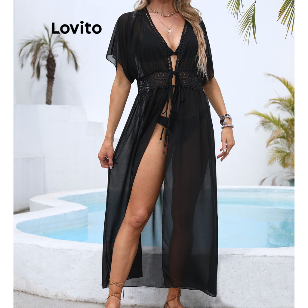 (trendy3) Lovito เสื้อคลุมกิโมโนผู้หญิง ผ้าเย็บต่อ สีพื้น สไตล์ลำลอง LNE60448