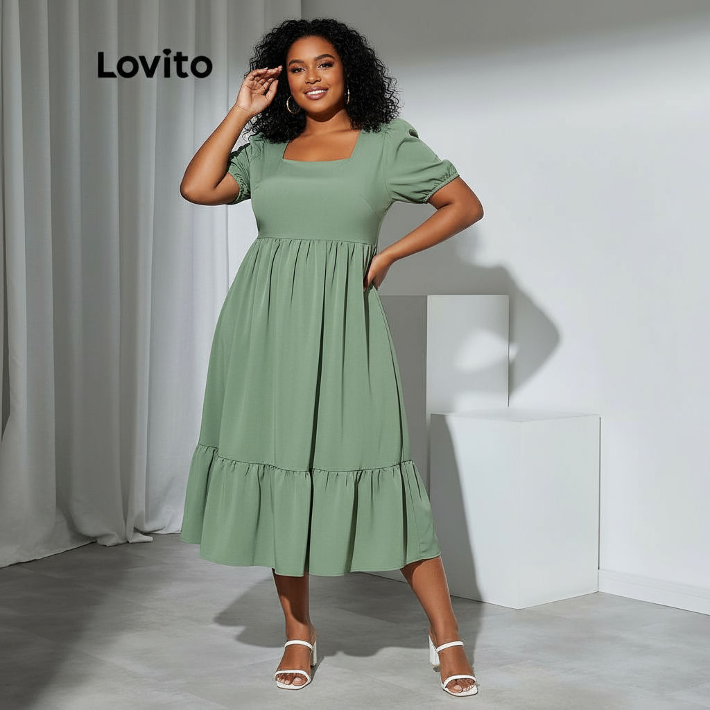 trendy4-Lovito Plus Size Curve เดรสแขนพอง คอเหลลี่ยม แต่งซิป สีพื้น พลัสไซซ์ สไตล์ลำลอง สำหรับผู้หญิ