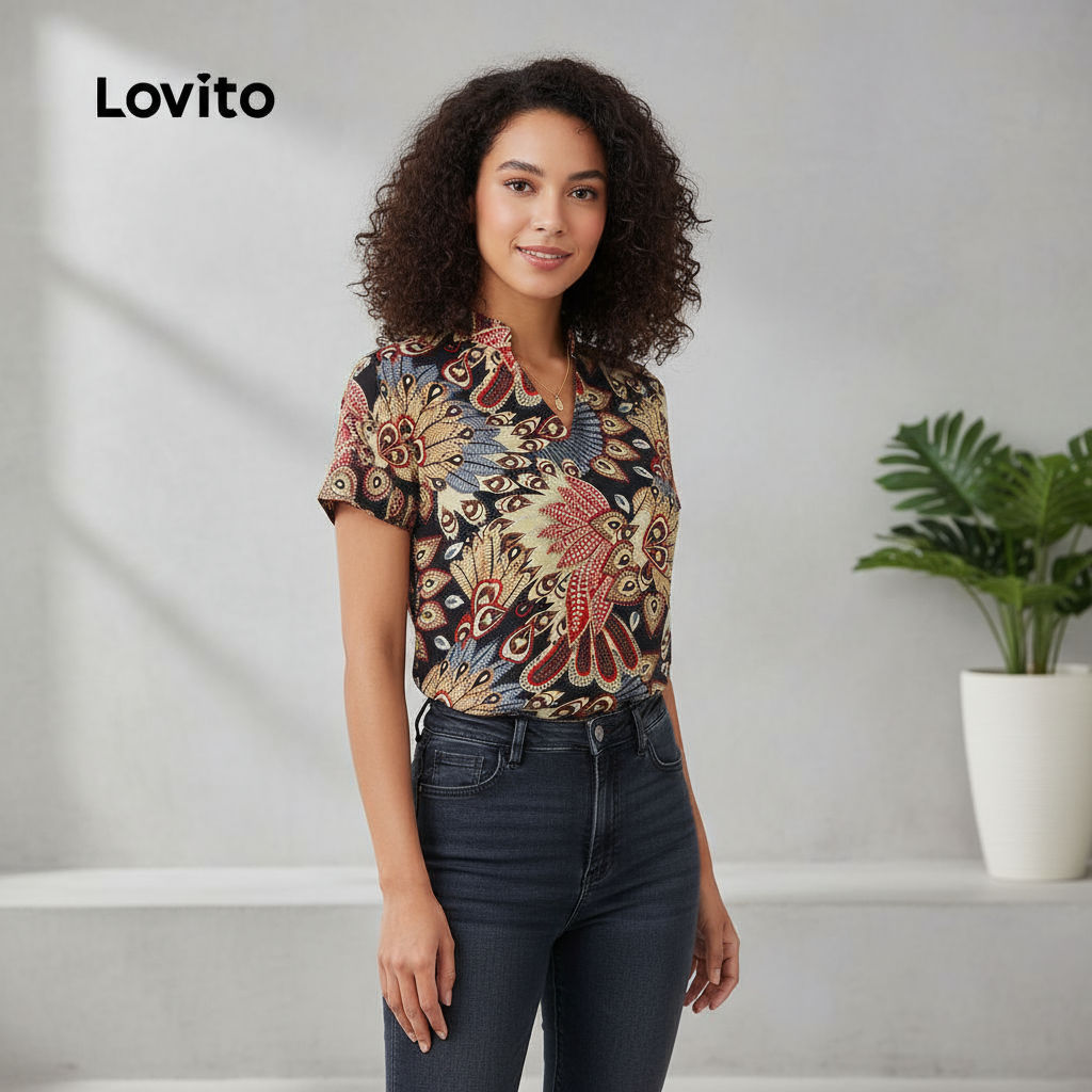 Lovito เสื้อแขนสั้นผู้หญิงบาหลีพับได้ สําหรับฤดูใบไม้ผลิ/ฤดูร้อน L142ED448