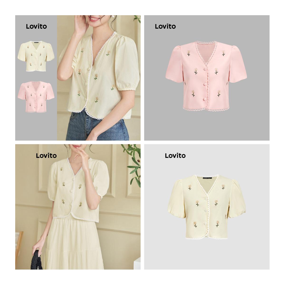 (Fashion1) Lovito น่ารักเสื้อดอกไม้นัวเนียคอปุ่มฤดูร้อน/ฤดูใบไม้ผลิเสื้อสําหรับผู้หญิง L98AD199